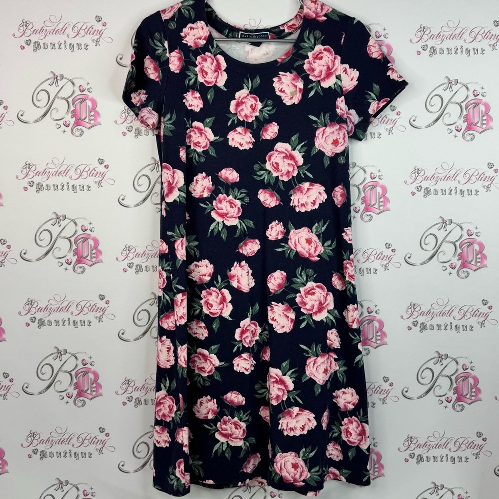 Karen Scott sport dress roses pink green Navy Dress with Pink Floral Design